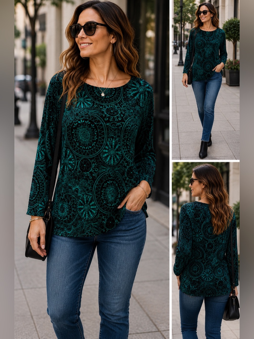 JM Collection Green Black Medallion Print Top Blouse XL